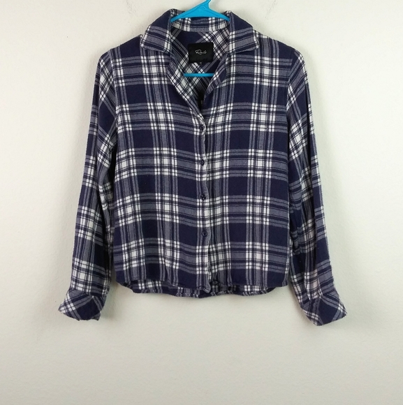 Rails Tops - Rails Navy/White Plaid Flannel Rolled Tab Sleeve